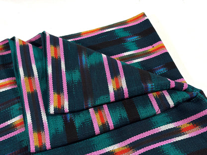 Dark Teal Green and Pink Ikat Guatemalan Fabric by Yard, Handwoven Cotton , 36" Wide.