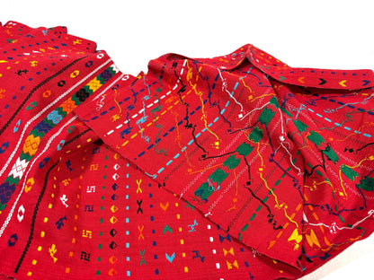 Red Embroidered Fine Weave Guatemalan Huipil Style Fabric by Yard. Handwoven Cotton 36" Wide.