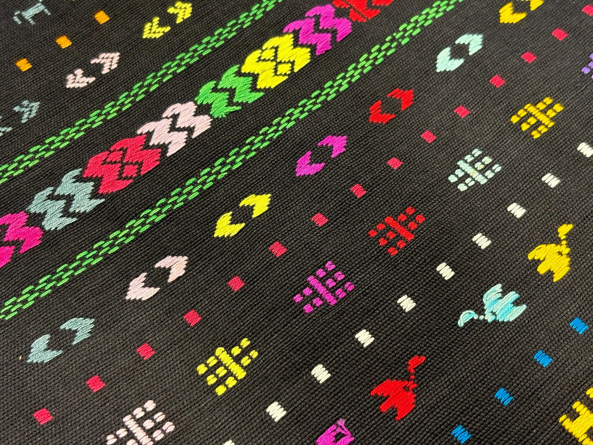 Black Embroidered Fine Weave Guatemalan Huipil Style Fabric by Yard. Handwoven Cotton 36" Wide.