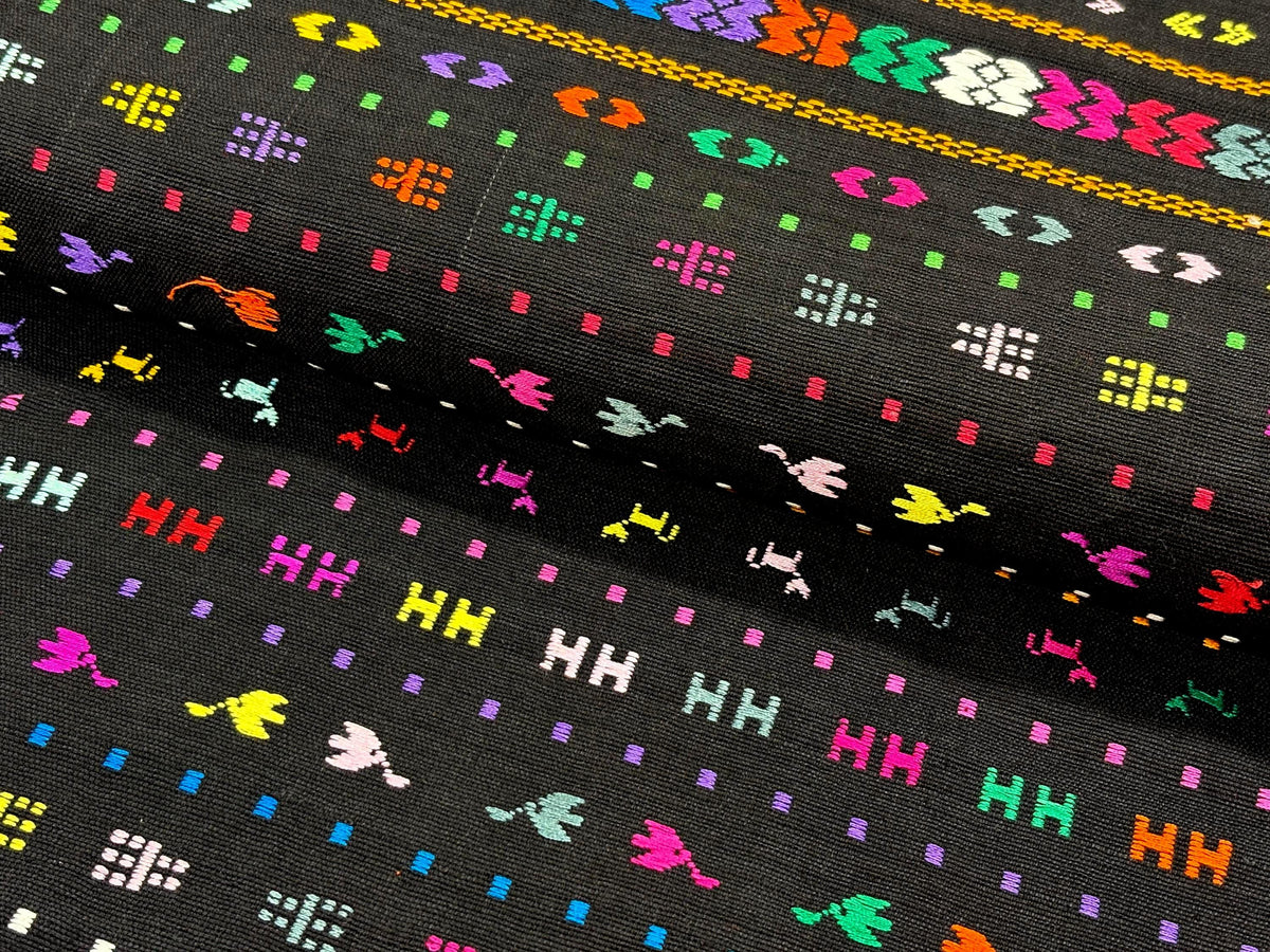 Black Embroidered Fine Weave Guatemalan Huipil Style Fabric by Yard. Handwoven Cotton 36" Wide.