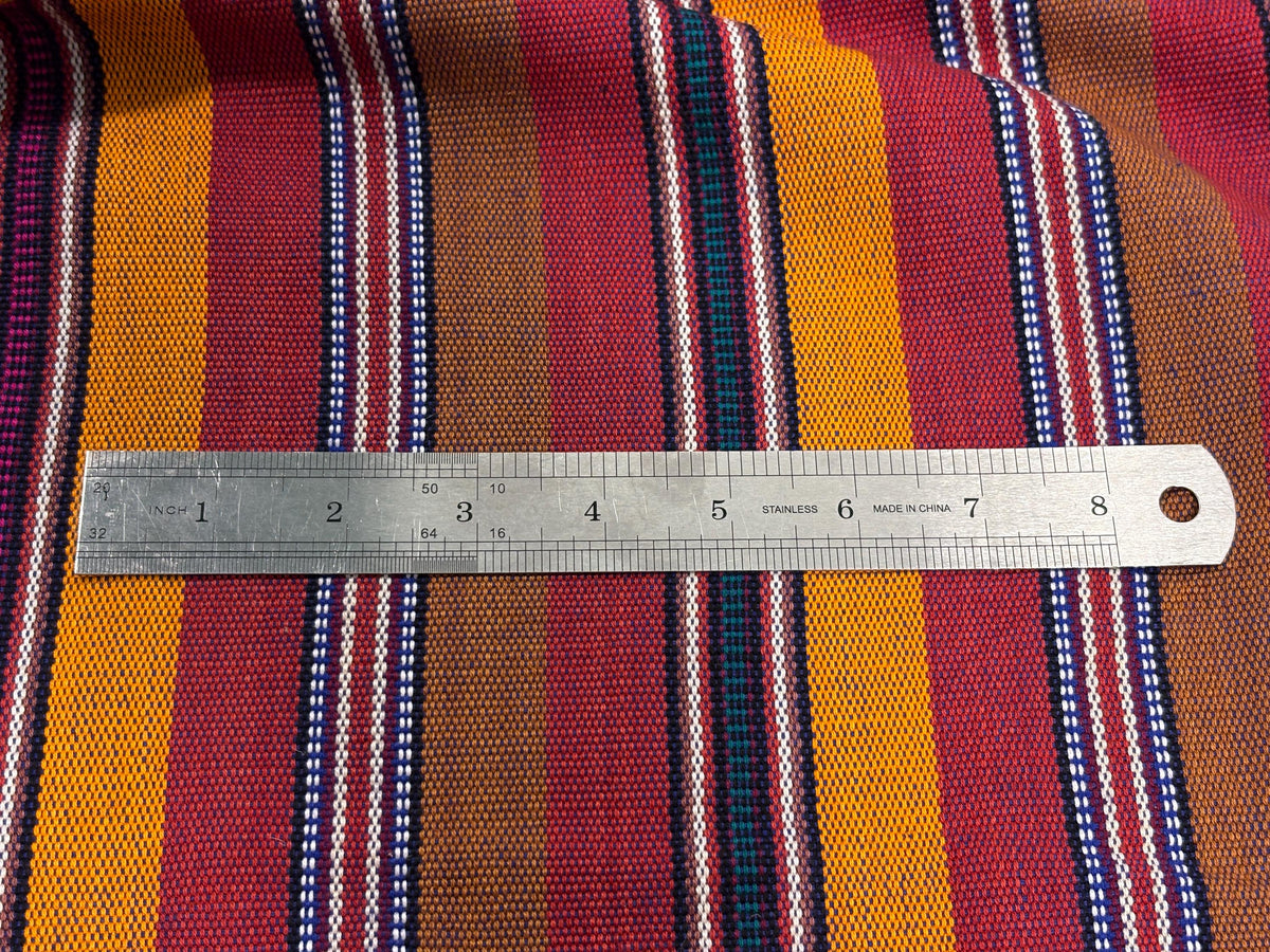 Red, Orange, Brown Striped Guatemalan Fabric by Yard, Handwoven Cotton Mayan Textile, 36" Wide.