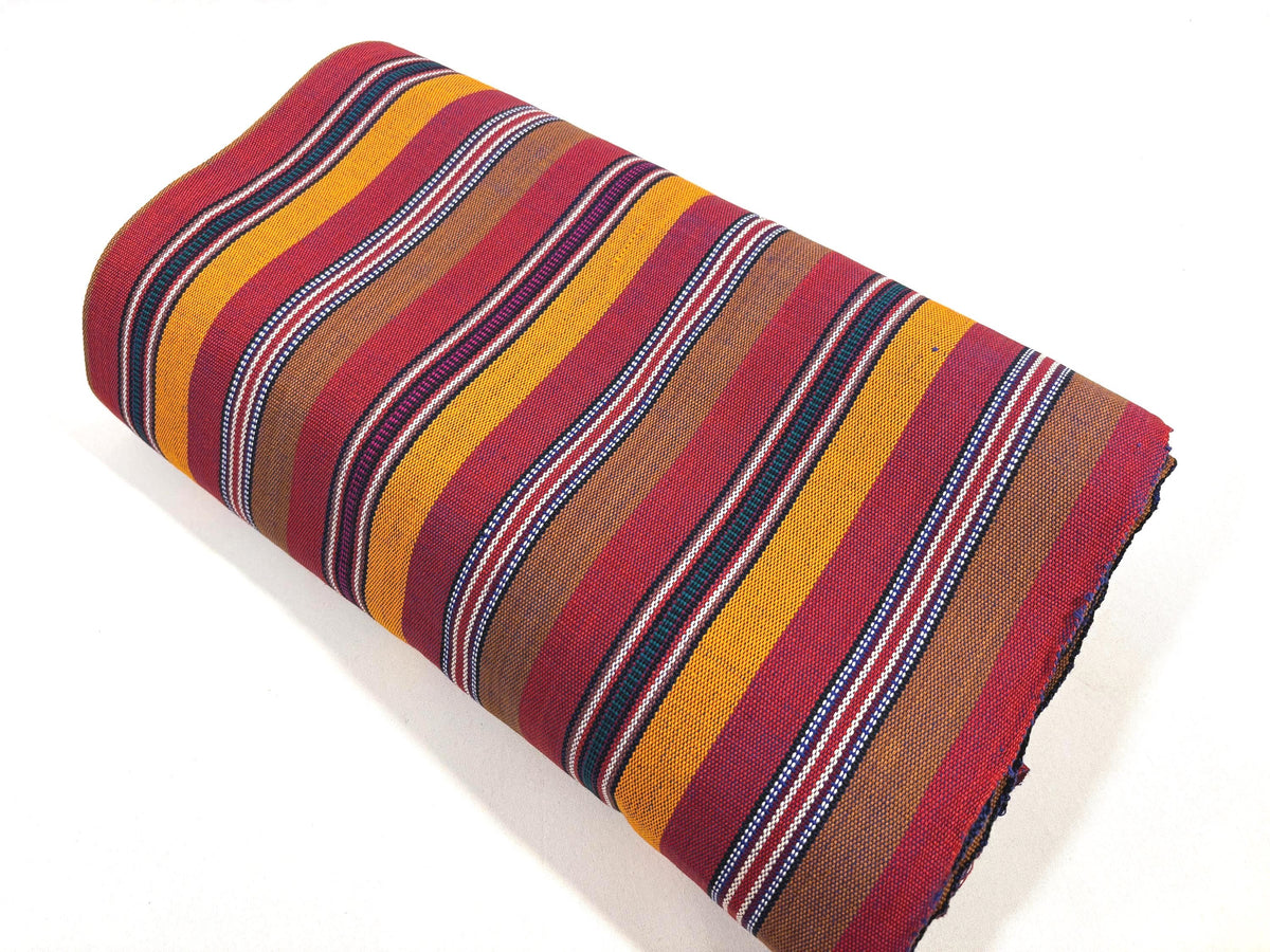 Red, Orange, Brown Striped Guatemalan Fabric by Yard, Handwoven Cotton Mayan Textile, 36" Wide.