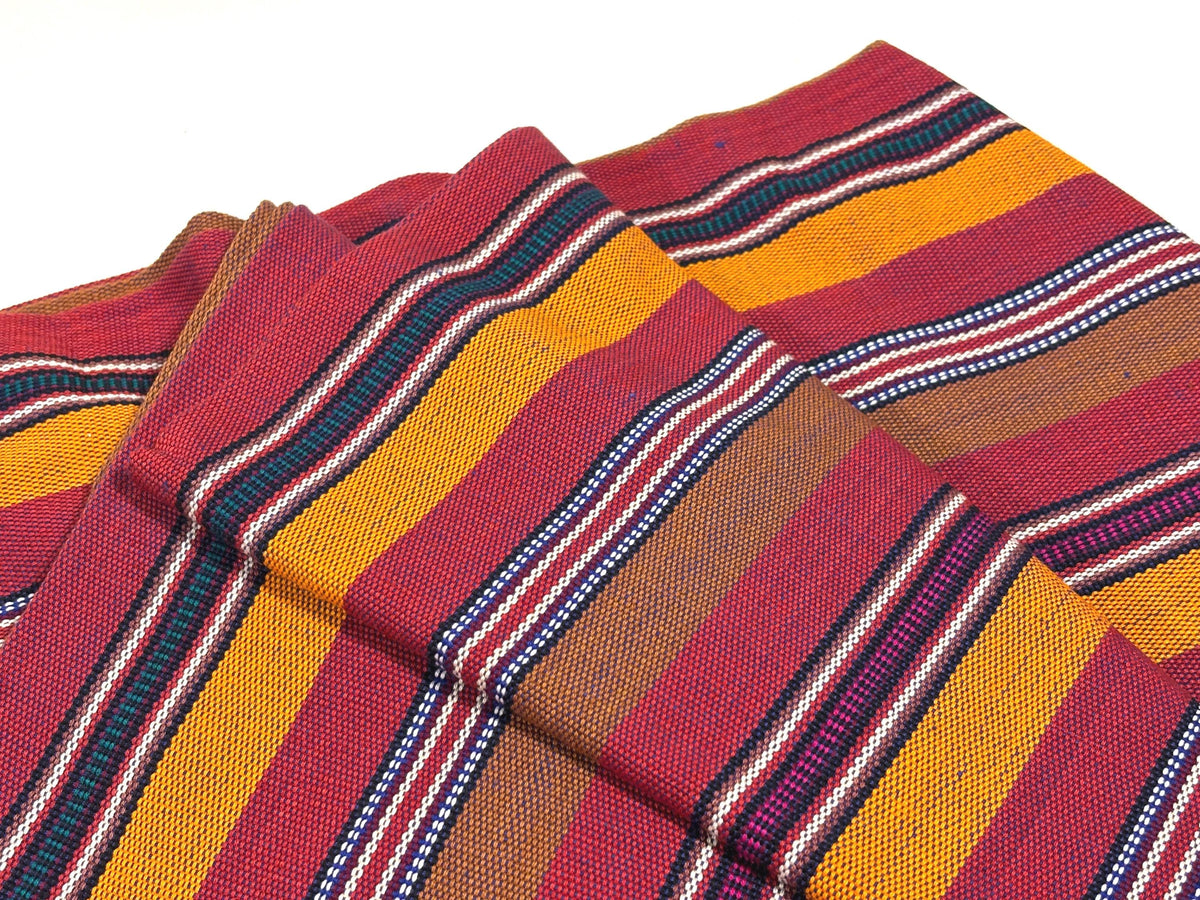 Red, Orange, Brown Striped Guatemalan Fabric by Yard, Handwoven Cotton Mayan Textile, 36" Wide.