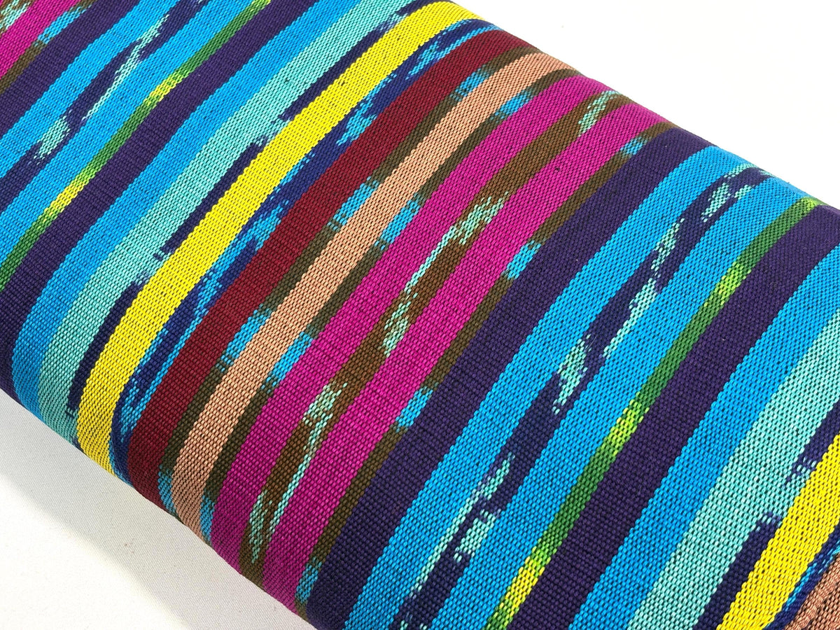 Turquoise & Grape Ikat Striped Guatemalan Fabric by Yard, Handwoven Cotton Mayan Textile, 36" Wide.