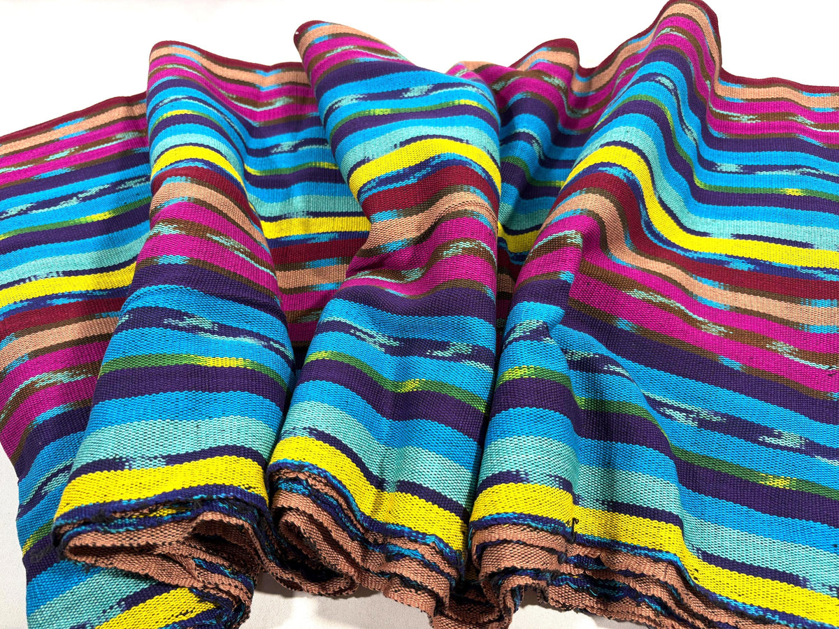 Turquoise & Grape Ikat Striped Guatemalan Fabric by Yard, Handwoven Cotton Mayan Textile, 36" Wide.