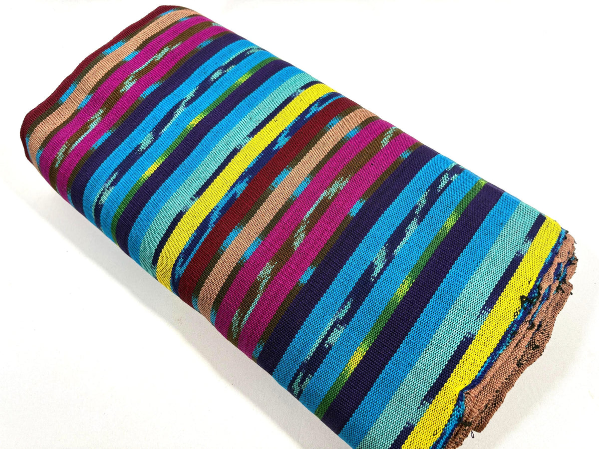 Turquoise & Grape Ikat Striped Guatemalan Fabric by Yard, Handwoven Cotton Mayan Textile, 36" Wide.