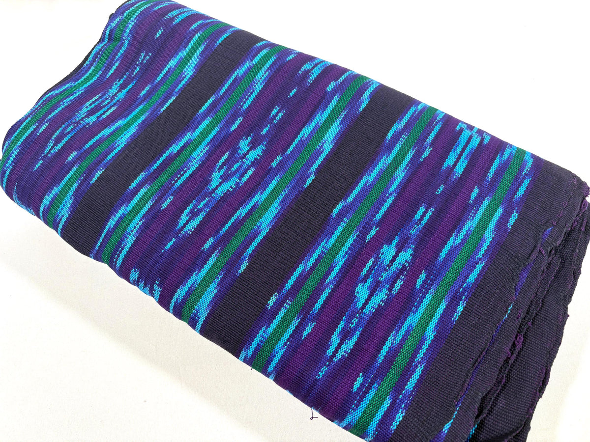 Turquoise & Deep Purple Ikat Striped Guatemalan Fabric by Yard, Handwoven Cotton Mayan Textile, 36".