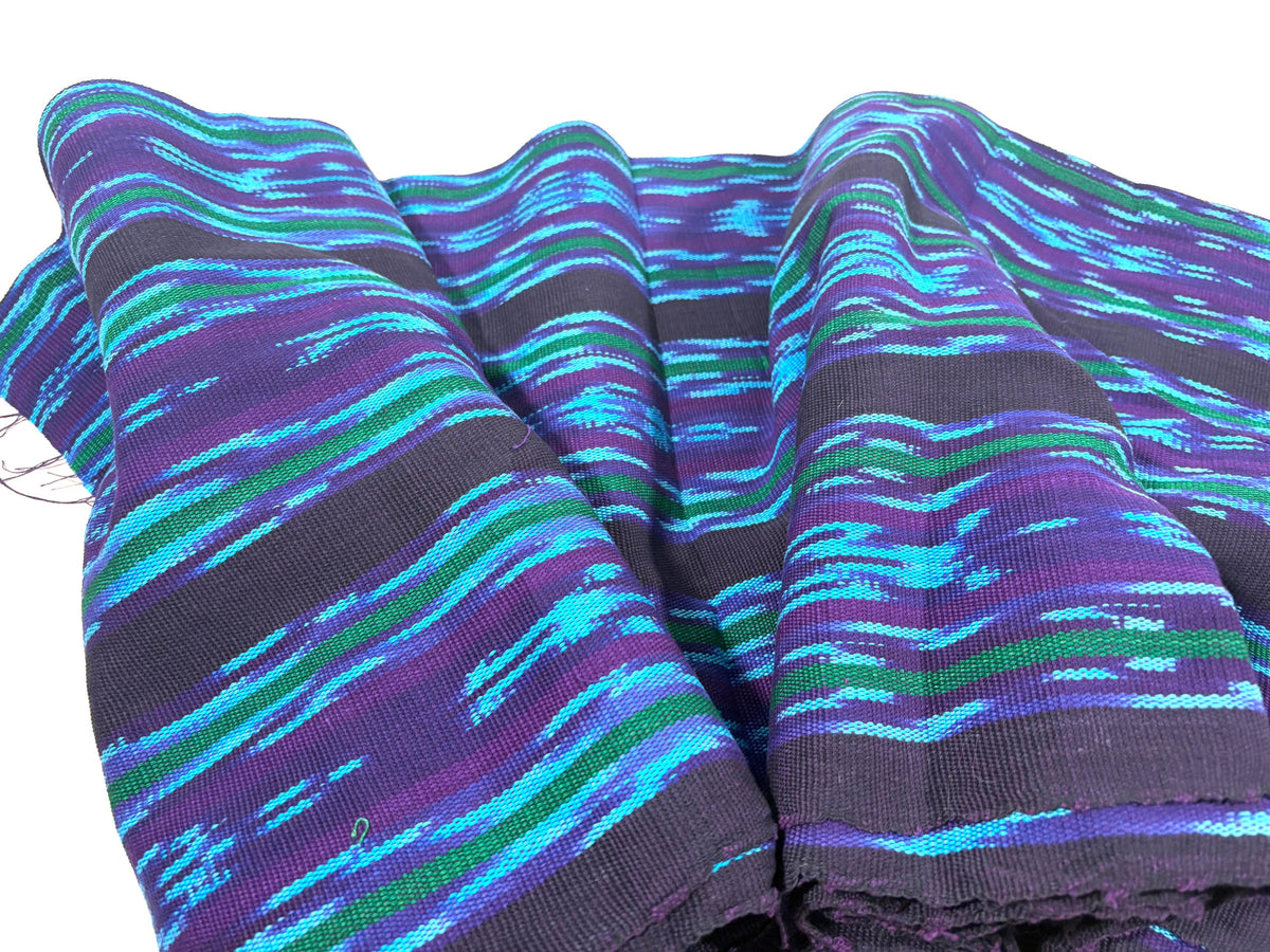 Turquoise & Deep Purple Ikat Striped Guatemalan Fabric by Yard, Handwoven Cotton Mayan Textile, 36".