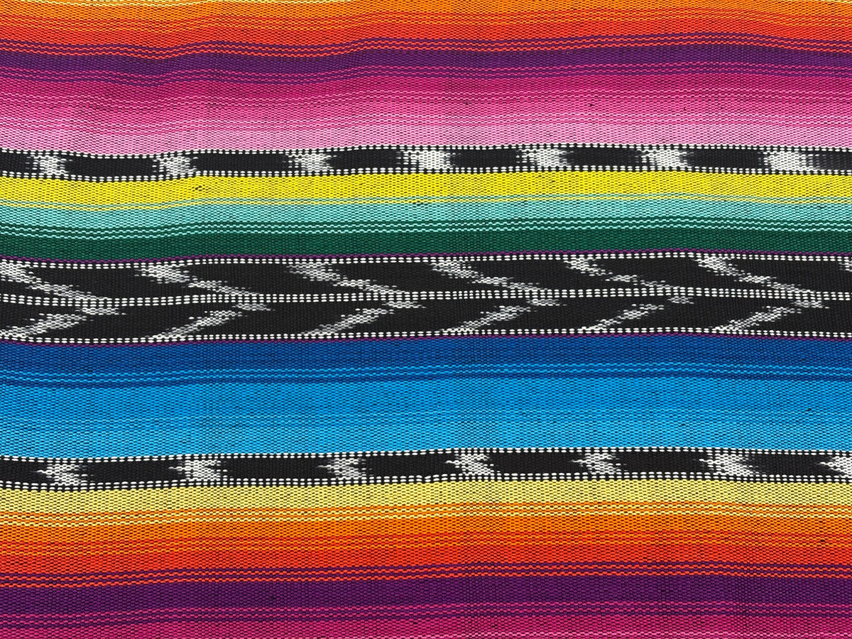 Bright Rainbow & Black, White Ikat Guatemalan Fabric by Yard, Handwoven Cotton, 36" Wide.