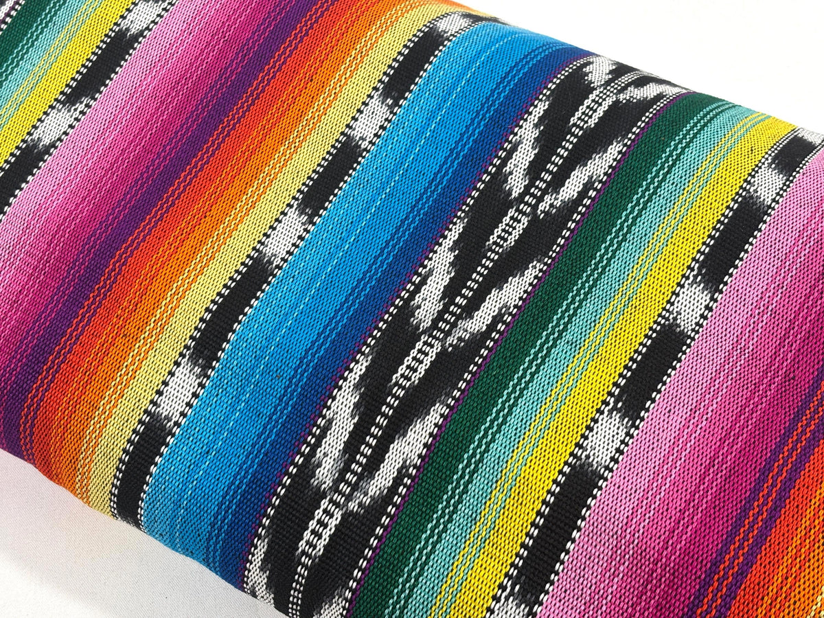Bright Rainbow & Black, White Ikat Guatemalan Fabric by Yard, Handwoven Cotton, 36" Wide.