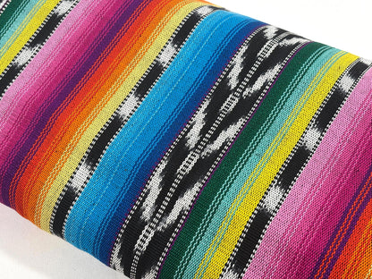 Bright Rainbow & Black, White Ikat Guatemalan Fabric by Yard, Handwoven Cotton, 36" Wide.