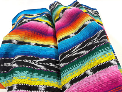 Bright Rainbow & Black, White Ikat Guatemalan Fabric by Yard, Handwoven Cotton, 36" Wide.