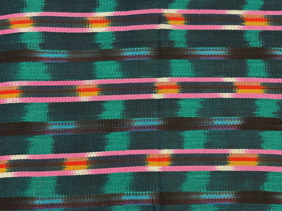 Dark Teal Green and Pink Ikat Guatemalan Fabric by Yard, Handwoven Cotton , 36" Wide.
