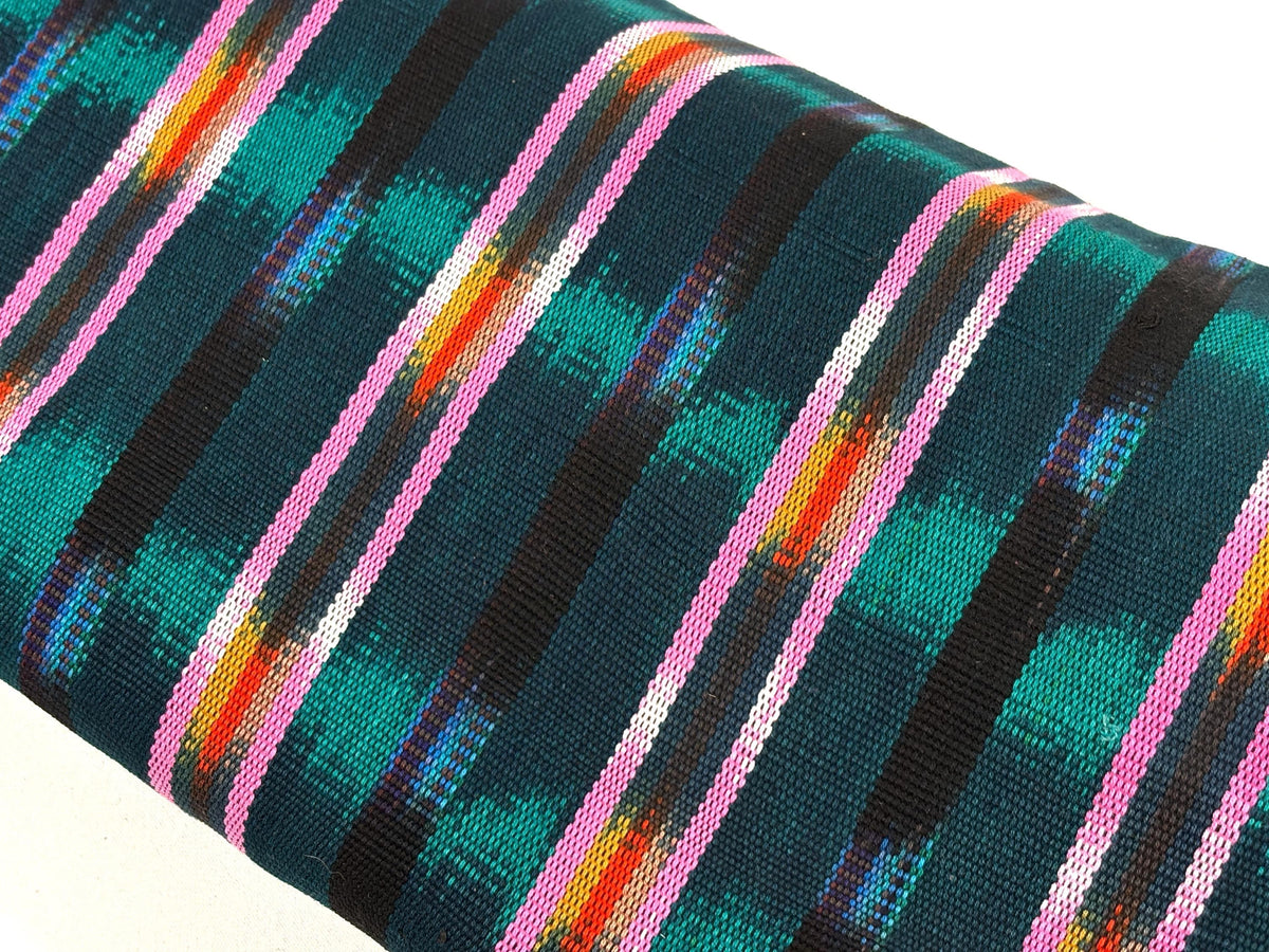 Dark Teal Green and Pink Ikat Guatemalan Fabric by Yard, Handwoven Cotton , 36" Wide.