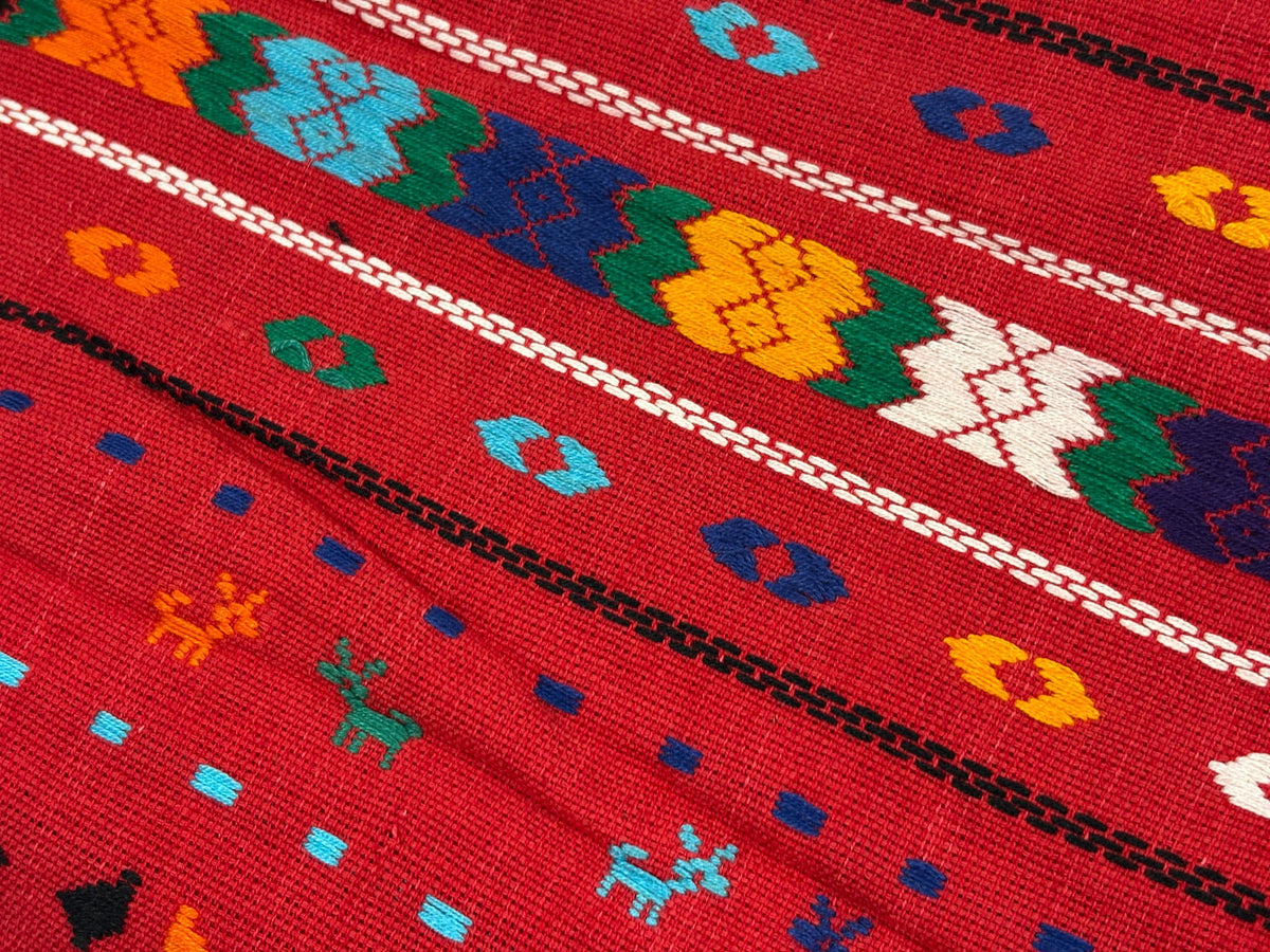 Red Embroidered Fine Weave Guatemalan Huipil Style Fabric by Yard. Handwoven Cotton 36" Wide.