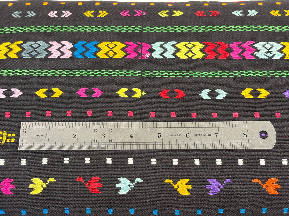 Black Embroidered Fine Weave Guatemalan Huipil Style Fabric by Yard. Handwoven Cotton 36" Wide.