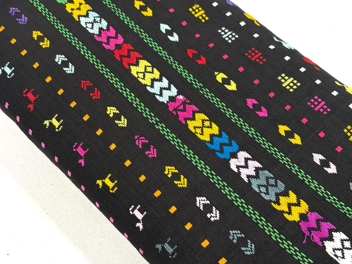 Black Embroidered Fine Weave Guatemalan Huipil Style Fabric by Yard. Handwoven Cotton 36" Wide.