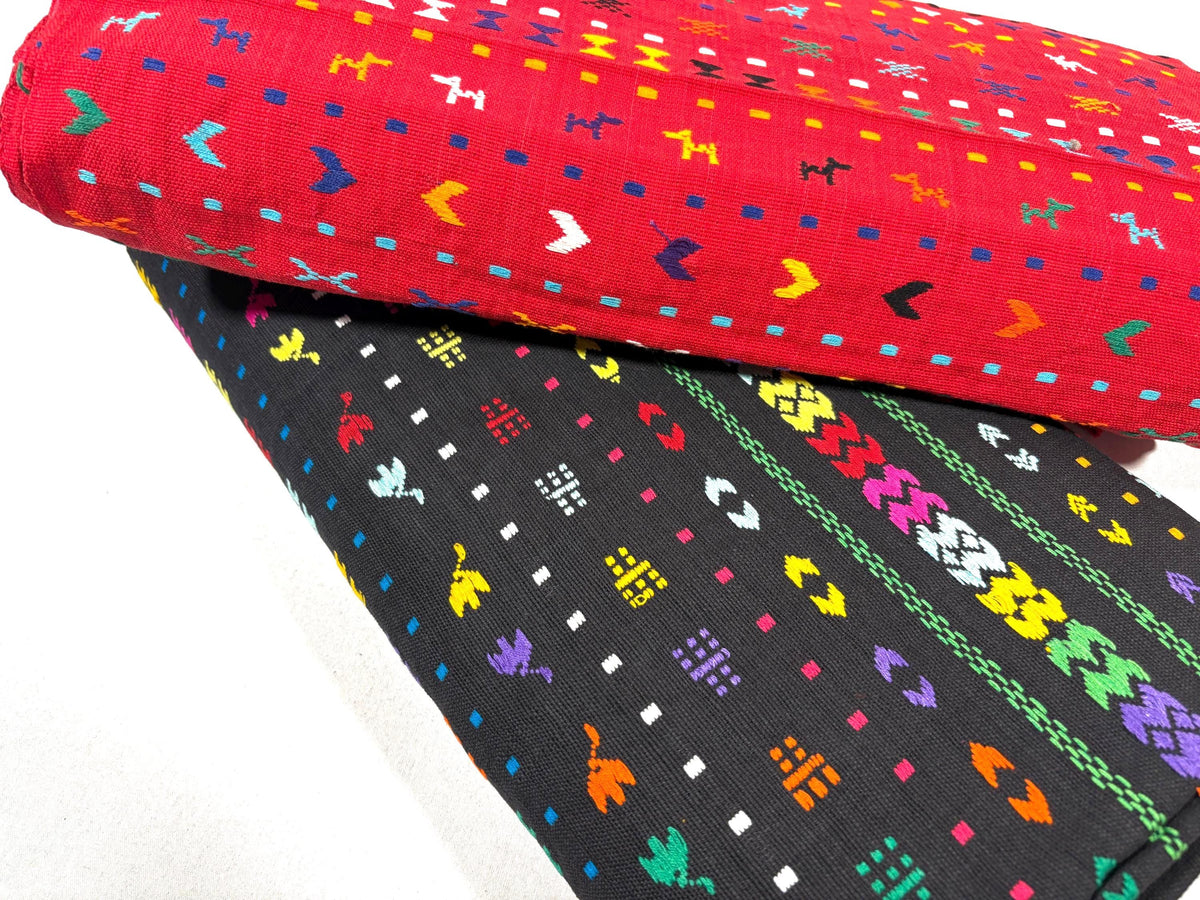 Black Embroidered Fine Weave Guatemalan Huipil Style Fabric by Yard. Handwoven Cotton 36" Wide.