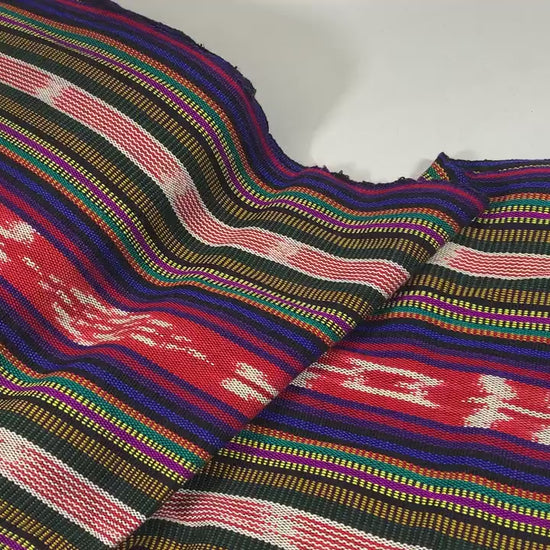 Red Ikat Stripes with Black, Blue, Purple, Guatemalan Fabric by the YARD. Handwoven Mayan Medium Weight Textile for Home Décor 36" wide.