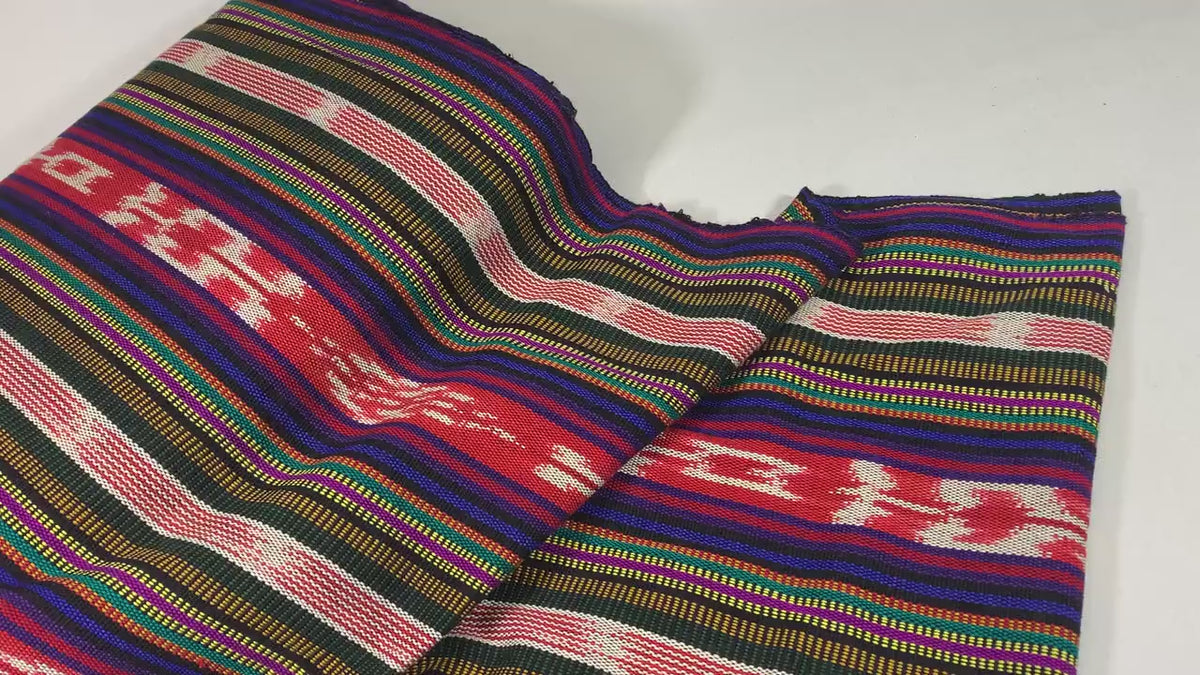 Red Ikat Stripes with Black, Blue, Purple, Guatemalan Fabric by the YARD. Handwoven Mayan Medium Weight Textile for Home Décor 36" wide.