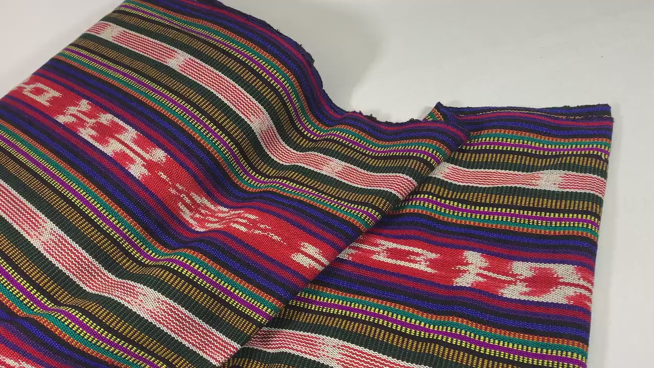 Red Ikat Stripes with Black, Blue, Purple, Guatemalan Fabric by the YARD. Handwoven Mayan Medium Weight Textile for Home Décor 36" wide.