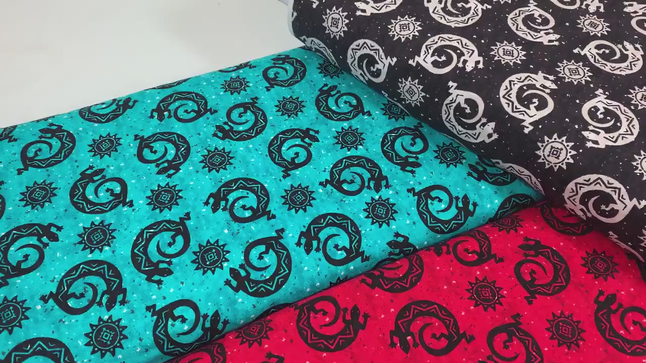 Navajo Lizard Fabric, Cherry Red & Black Geckos, New Mexico Style Cotton