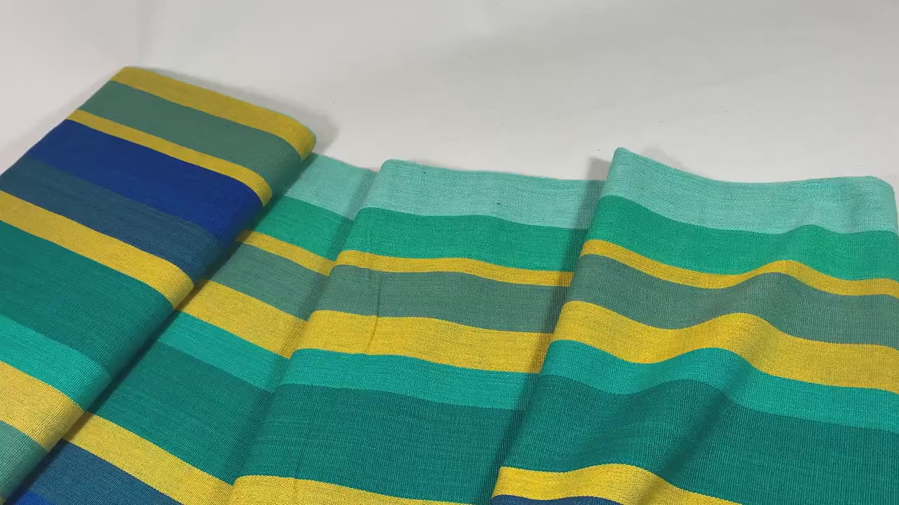 Guatemalan Fabric by the YARD. Royal Blue, Green, Yellow Wide Stripes. Woven Fair Trade Mayan Designer Fabric for Home Decor or Apparel.