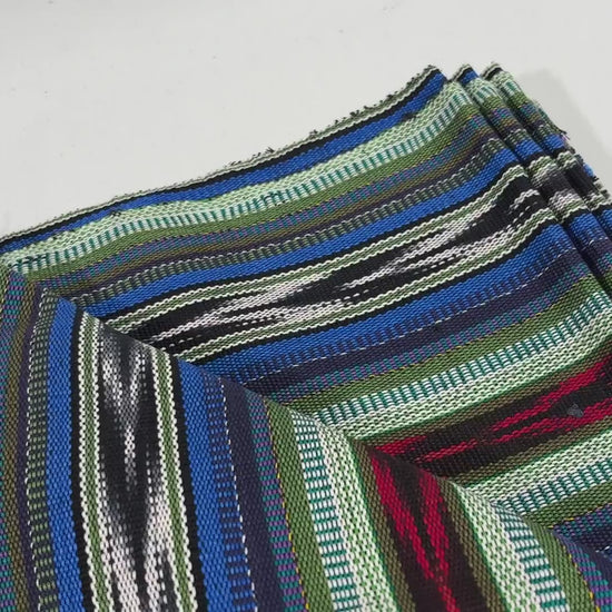 Blue, Green, Red Ikat Guatemalan Fabric by Yard, Handwoven Mayan Cotton Textile, 36" Wide.