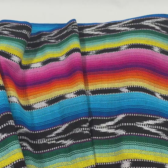 Bright Rainbow & Black, White Ikat Guatemalan Fabric by Yard, Handwoven Cotton, 36" Wide.