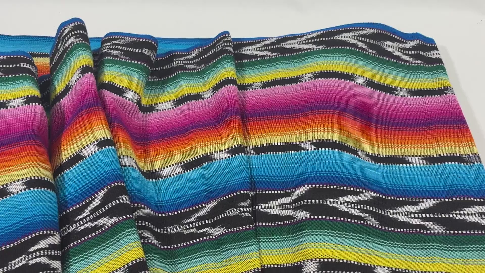 Bright Rainbow & Black, White Ikat Guatemalan Fabric by Yard, Handwoven Cotton, 36" Wide.