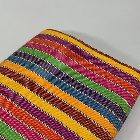 Guatemalan Striped Ikat Fabric by the YARD. Medium Weight. Rainbow and White Lines Handwoven Mayan Fabric for Apparel, Home Décor. 36" wide.