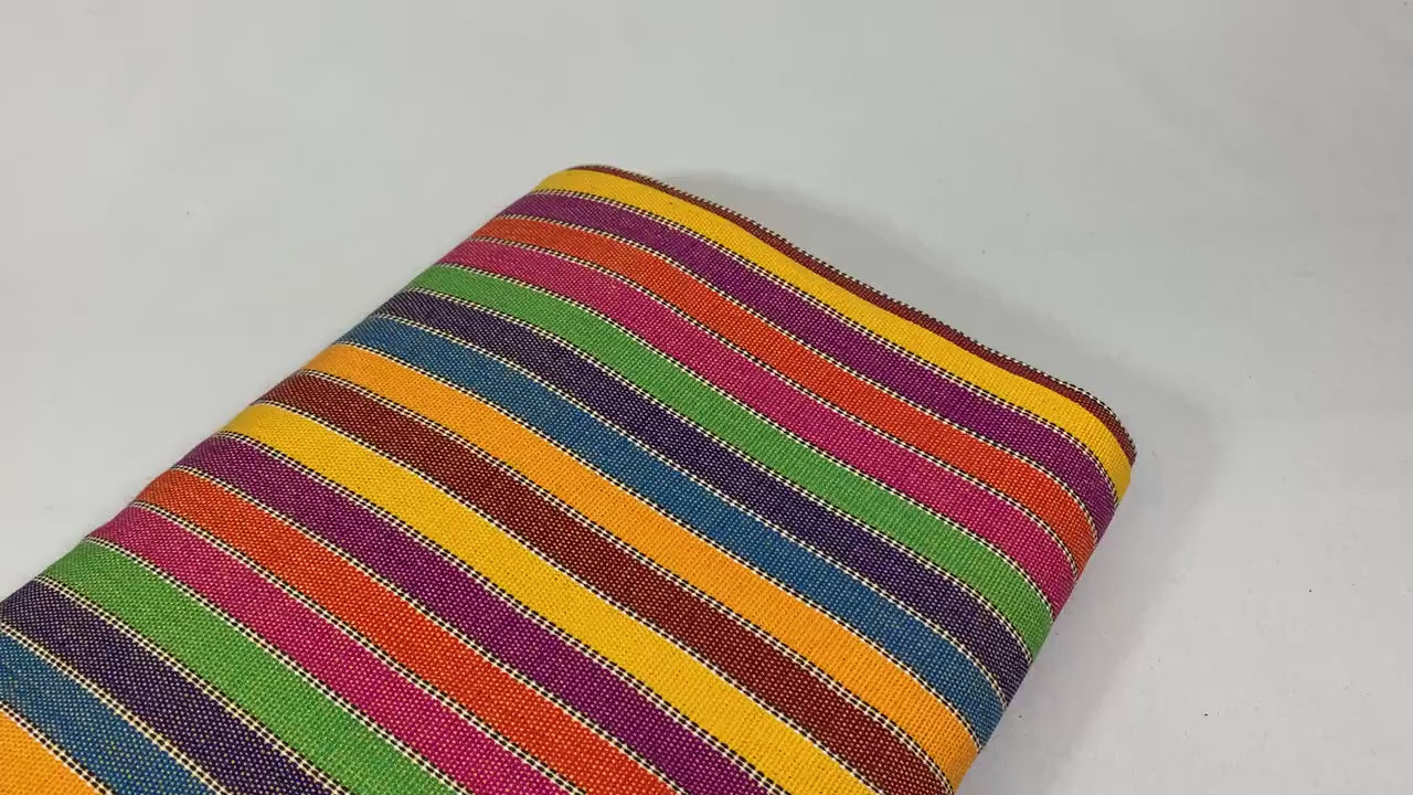 Guatemalan Striped Ikat Fabric by the YARD. Medium Weight. Rainbow and White Lines Handwoven Mayan Fabric for Apparel, Home Décor. 36" wide.
