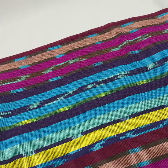 Turquoise & Grape Ikat Striped Guatemalan Fabric by Yard, Handwoven Cotton Mayan Textile, 36" Wide.