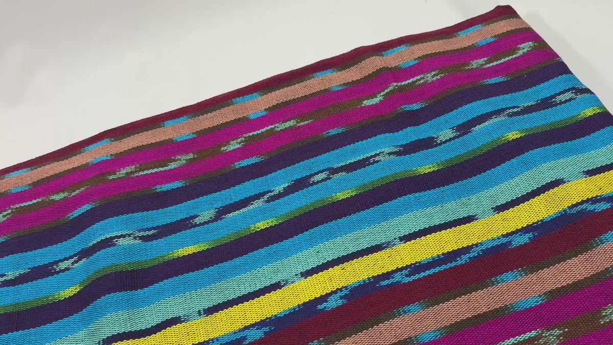 Turquoise & Grape Ikat Striped Guatemalan Fabric by Yard, Handwoven Cotton Mayan Textile, 36" Wide.