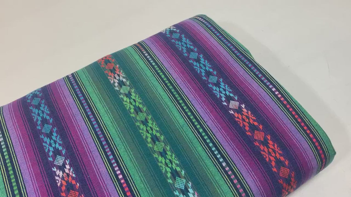 Purple & Green Southwest Style Stripes. Woven Home Décor Fabric by the Yard. 100% Dobby Cotton One Side Finished. For Home Décor, Apparel.