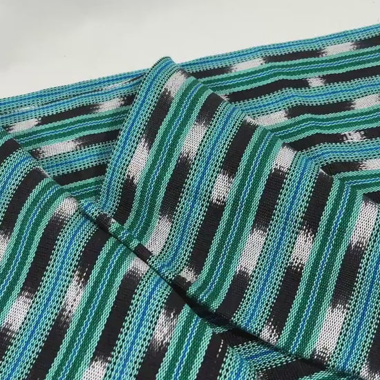 Mint Green, Black & White Ikat Striped Guatemalan Fabric by the YARD. Handwoven Mayan Cotton