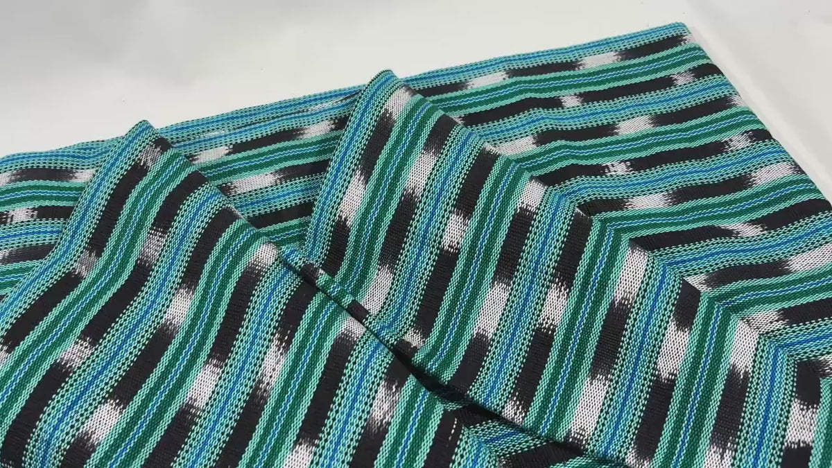Mint Green, Black & White Ikat Striped Guatemalan Fabric by the YARD. Handwoven Mayan Cotton