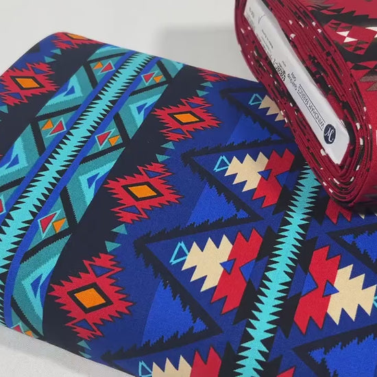 CANVAS Southwest Style Ikat Print Fabric by the Yard. 100% Canvas Weight Cotton in Royal Blue, Turquoise & Red. For Apparel, Décor, Crafts.