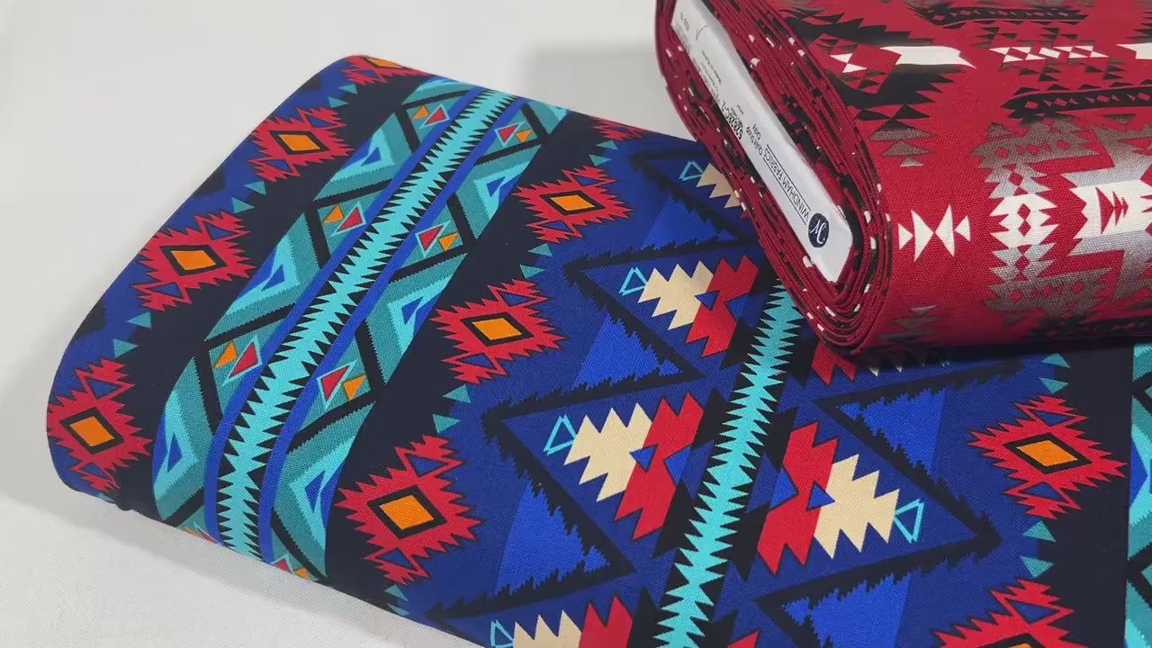 CANVAS Southwest Style Ikat Print Fabric by the Yard. 100% Canvas Weight Cotton in Royal Blue, Turquoise & Red. For Apparel, Décor, Crafts.