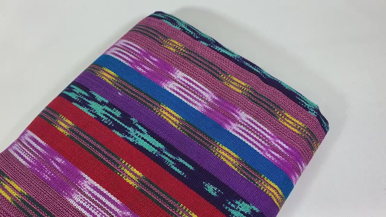 Guatemalan Traditional Ikat Fabric by the YARD. Medium Weight. Turquoise, Purple, Red Handwoven Mayan Fabric for Apparrel, Décor. 36" wide.