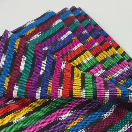 Black & Rainbow Ikat Striped Guatemalan Fabric by Yard, Handwoven Cotton Medium Weight 36" Wide.