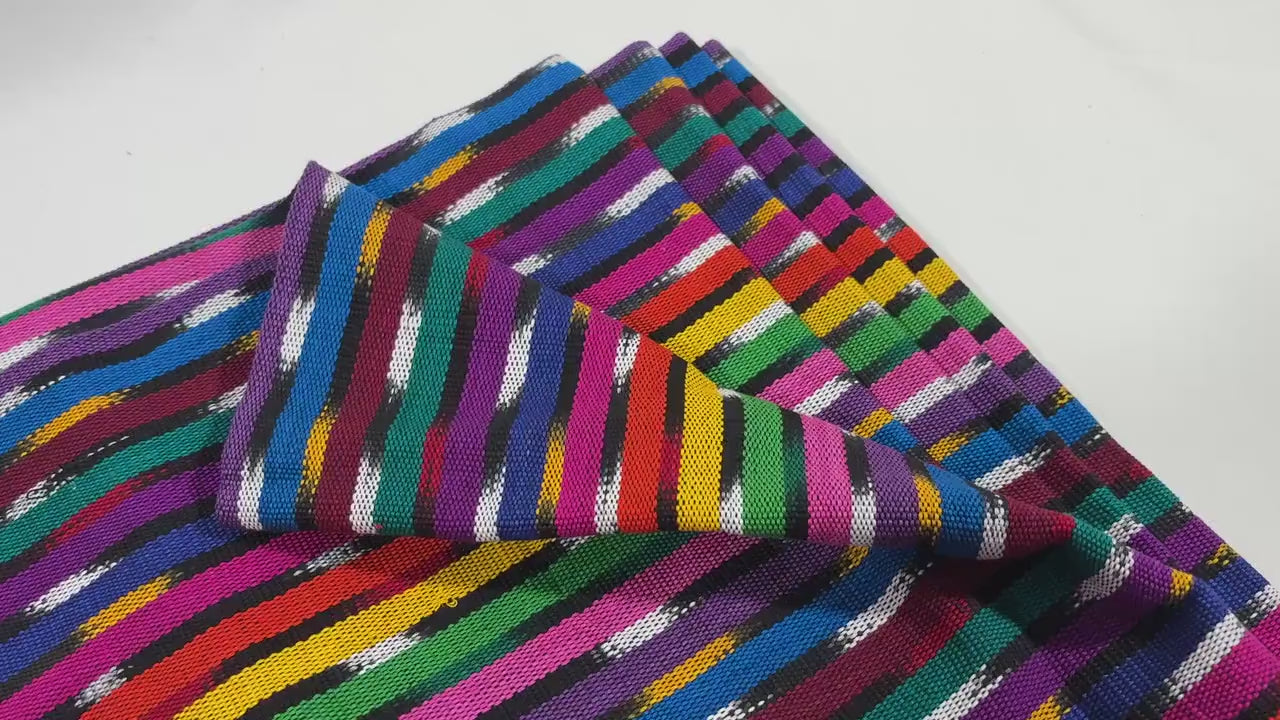 Black & Rainbow Ikat Striped Guatemalan Fabric by Yard, Handwoven Cotton Medium Weight 36" Wide.