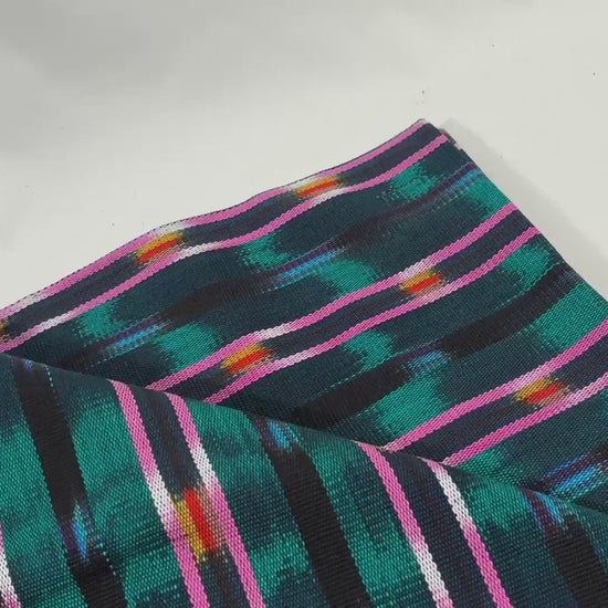 Dark Teal Green and Pink Ikat Guatemalan Fabric by Yard, Handwoven Cotton , 36" Wide.