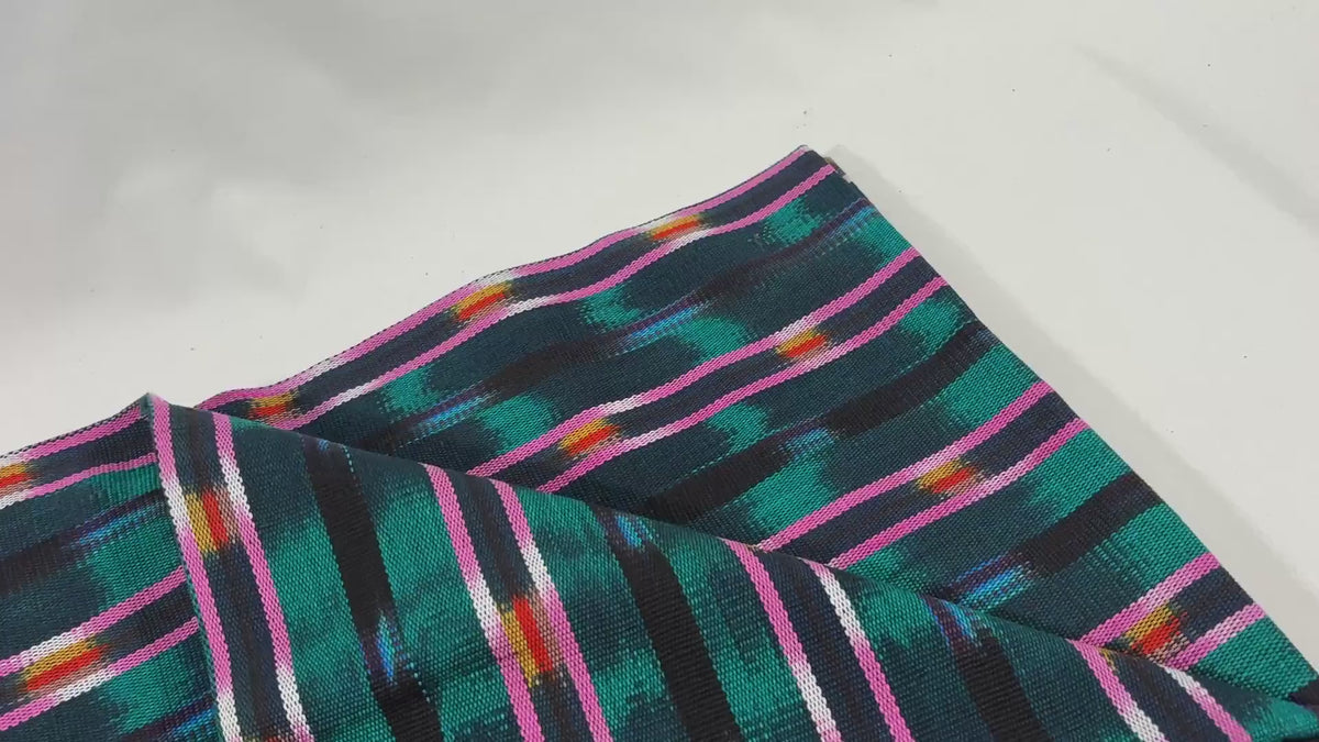 Dark Teal Green and Pink Ikat Guatemalan Fabric by Yard, Handwoven Cotton , 36" Wide.