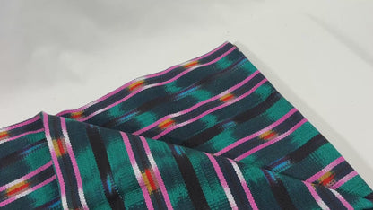 Dark Teal Green and Pink Ikat Guatemalan Fabric by Yard, Handwoven Cotton , 36" Wide.