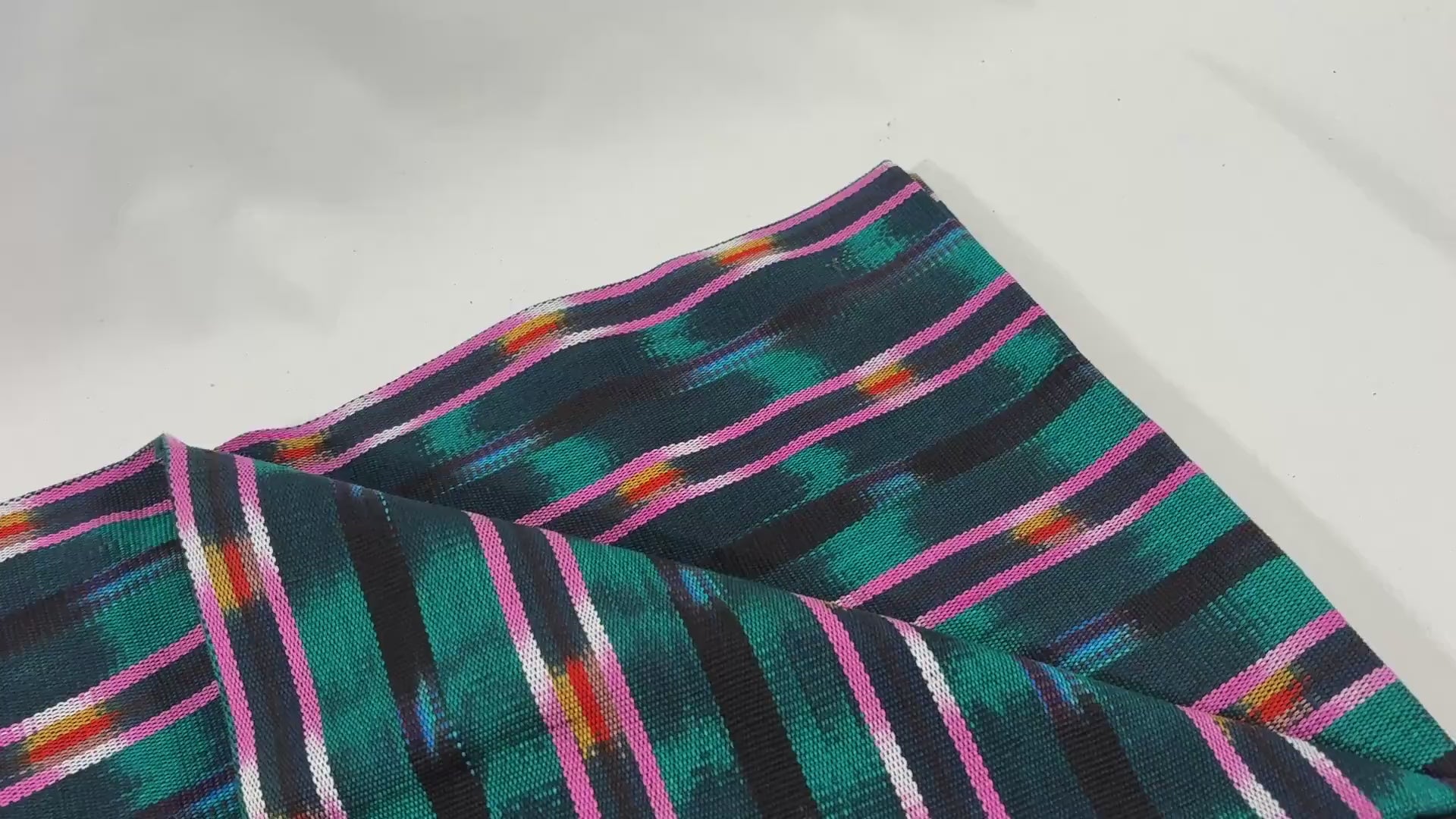 Dark Teal Green and Pink Ikat Guatemalan Fabric by Yard, Handwoven Cotton , 36" Wide.