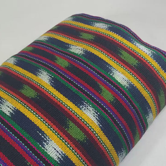 Yellow Green Red Navy Striped Ikat Guatemalan Fabric by the YARD. Handwoven Fair Trade Ethnic Mayan Fabric Cotton for Home Décor 36" wide.