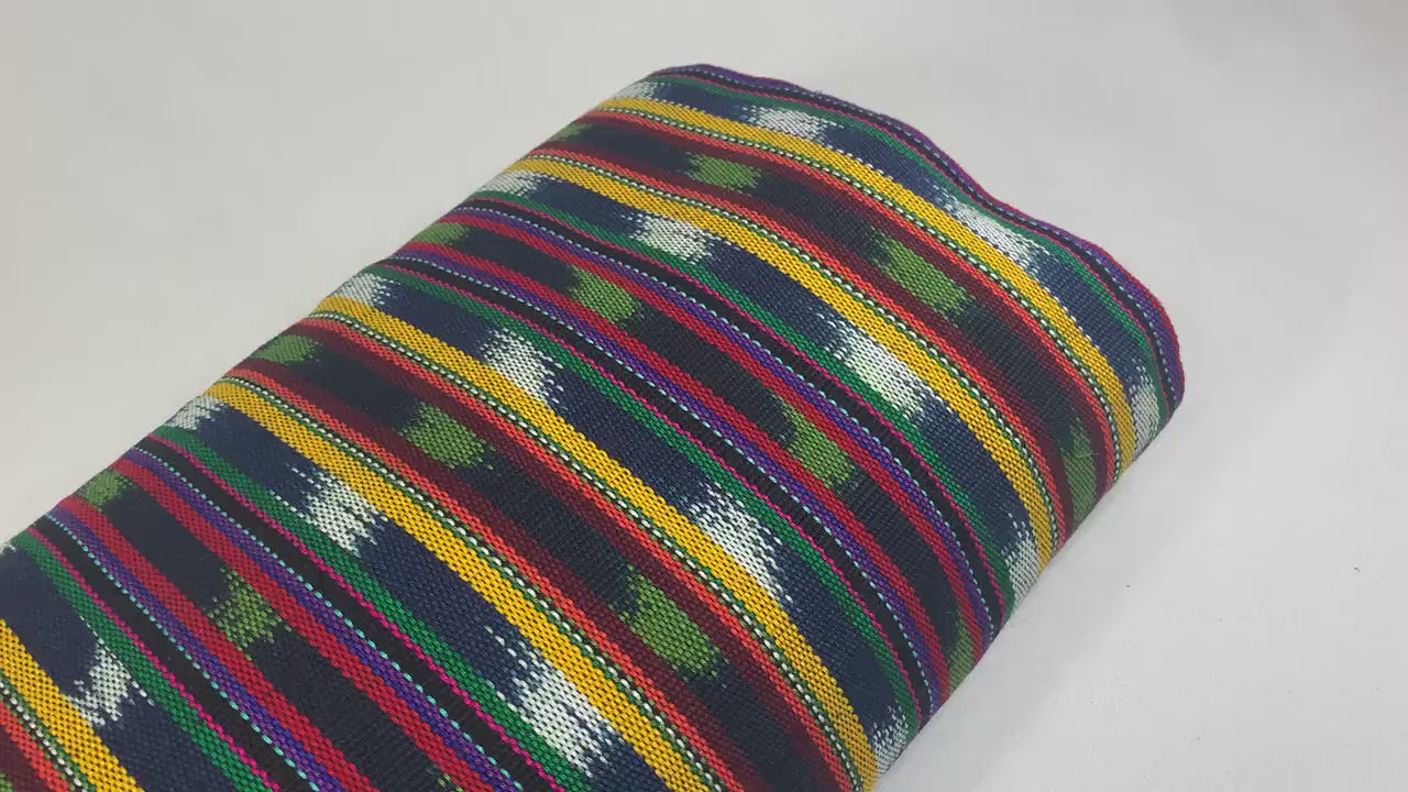 Yellow Green Red Navy Striped Ikat Guatemalan Fabric by the YARD. Handwoven Fair Trade Ethnic Mayan Fabric Cotton for Home Décor 36" wide.
