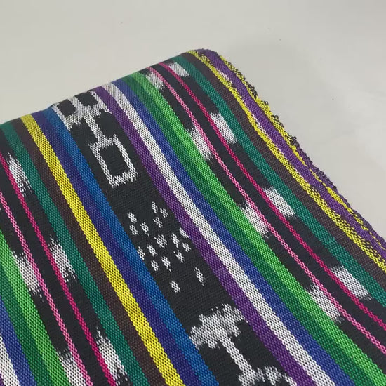 Black & White Ikat with Assorted Colors Guatemalan Fabric by the YARD. Handwoven Fair Trade Ethnic Mayan Cotton for Home Décor 36" wide.