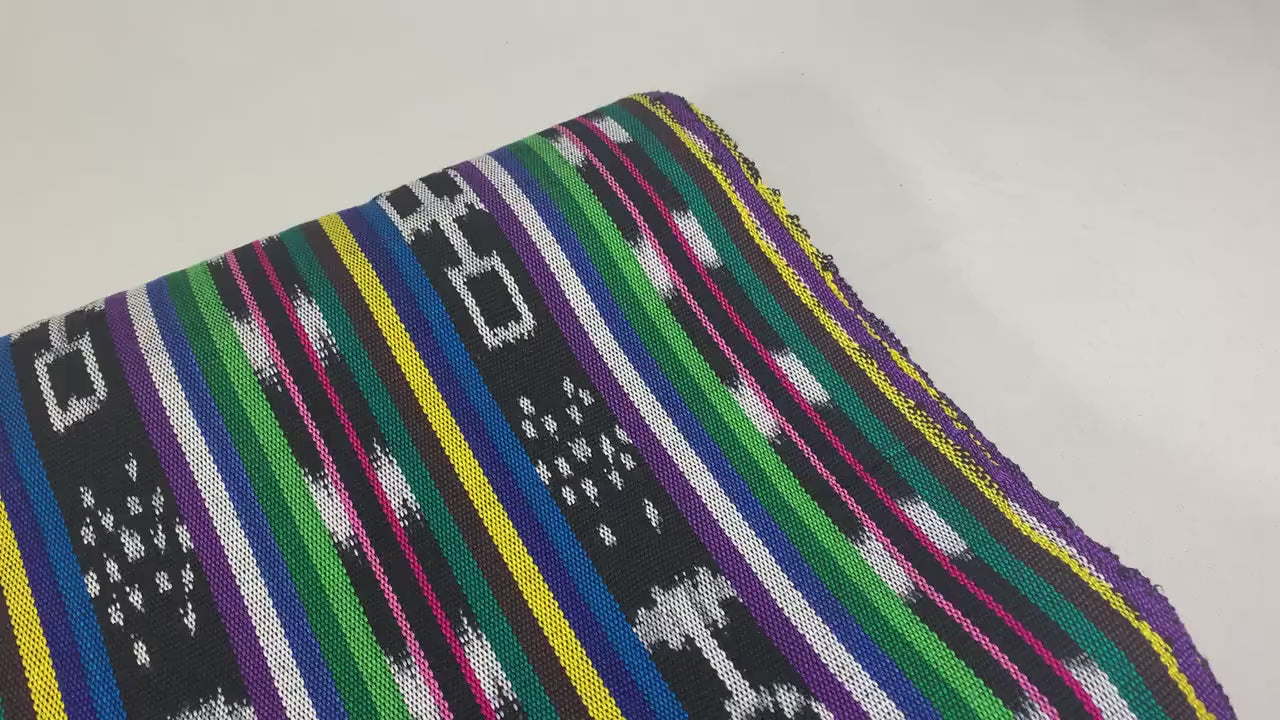 Black & White Ikat with Assorted Colors Guatemalan Fabric by the YARD. Handwoven Fair Trade Ethnic Mayan Cotton for Home Décor 36" wide.